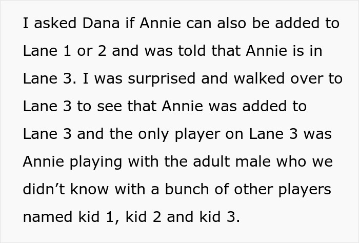 Text from a story about a mother finding her daughter playing alone at a birthday party in a bowling alley. Text from a story about a mother finding her daughter playing alone at a birthday party in a bowling alley.