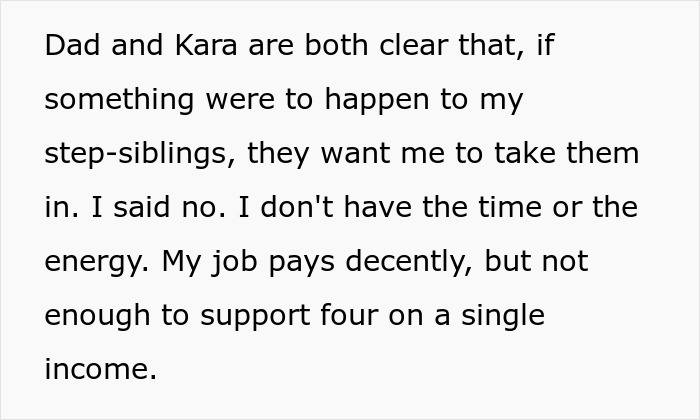 Text about a woman's reluctance to care for her step-siblings due to financial and time constraints. Text about a woman's reluctance to care for her step-siblings due to financial and time constraints.