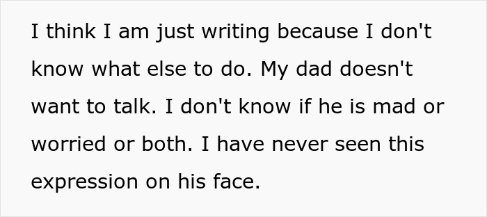 Text about a dad's unreadable expression, possibly worried or mad. Text about a dad's unreadable expression, possibly worried or mad.