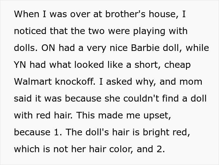 Text about an aunt's frustration over unequal dolls, favoring a golden child while customizing for a 5-year-old. Text about an aunt's frustration over unequal dolls, favoring a golden child while customizing for a 5-year-old.