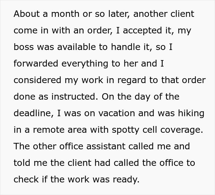Text about an employee on vacation, unable to assist a client due to spotty cell coverage, after assigning work to a boss. Text about an employee on vacation, unable to assist a client due to spotty cell coverage, after assigning work to a boss.