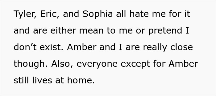 Text discussing relational tensions at home, mentioning Tyler, Eric, and Sophia being mean, with a sister closely bonded to Amber. Text discussing relational tensions at home, mentioning Tyler, Eric, and Sophia being mean, with a sister closely bonded to Amber.