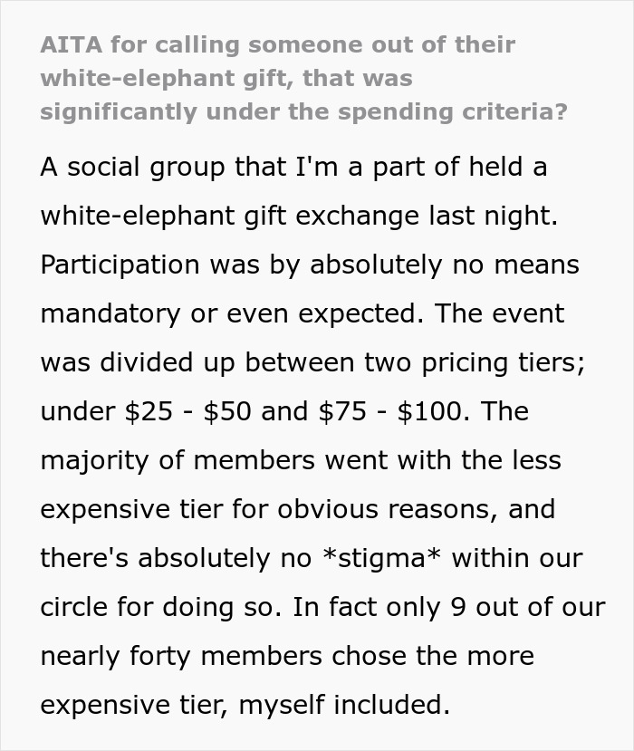 Text detailing white-elephant gift exchange drama with different pricing tiers, causing conflict over gift spending. Text detailing white-elephant gift exchange drama with different pricing tiers, causing conflict over gift spending.