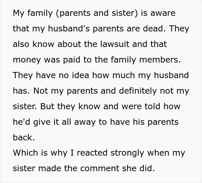 Text discussing family aware of husband's loss and lawsuit, unaware of husband's wealth. Reaction to sister's comment on wealth. Text discussing family aware of husband's loss and lawsuit, unaware of husband's wealth. Reaction to sister's comment on wealth.