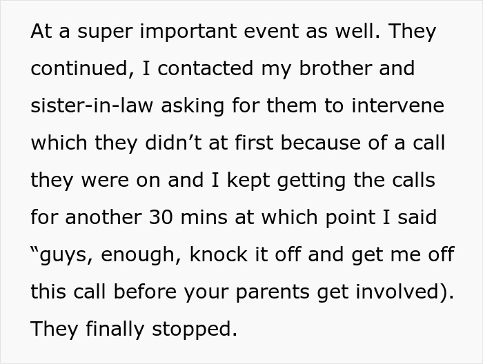 Text message about a sibling disciplining a nephew when asked by the parents during a crucial event. Text message about a sibling disciplining a nephew when asked by the parents during a crucial event.