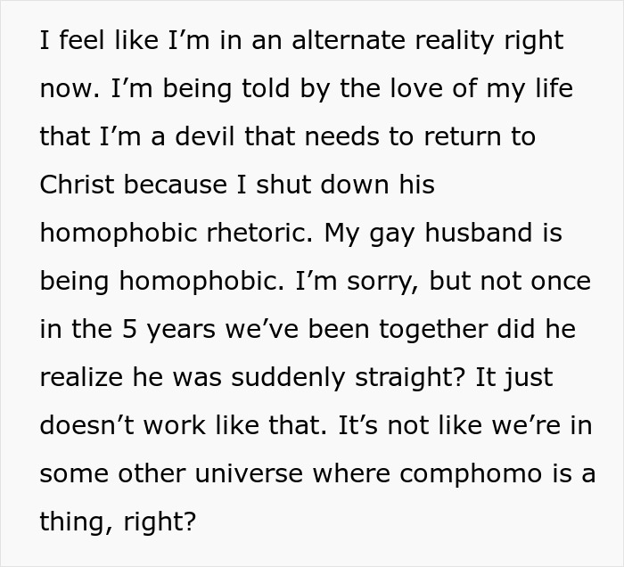 Text expressing frustration over a partner's homophobic beliefs regarding gay marriage. Text expressing frustration over a partner's homophobic beliefs regarding gay marriage.