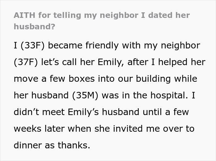 Text on dating a neighbor's husband, discussing a friendly connection and a dinner invitation as thanks. Text on dating a neighbor's husband, discussing a friendly connection and a dinner invitation as thanks.