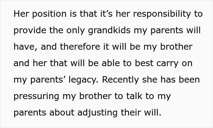 Text on family legacy and adjusting will for not having kids, with focus on SIL's responsibility and pressure on brother. Text on family legacy and adjusting will for not having kids, with focus on SIL's responsibility and pressure on brother.