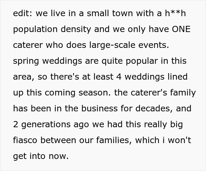 Text discussing wedding planning in a small town with limited catering options.