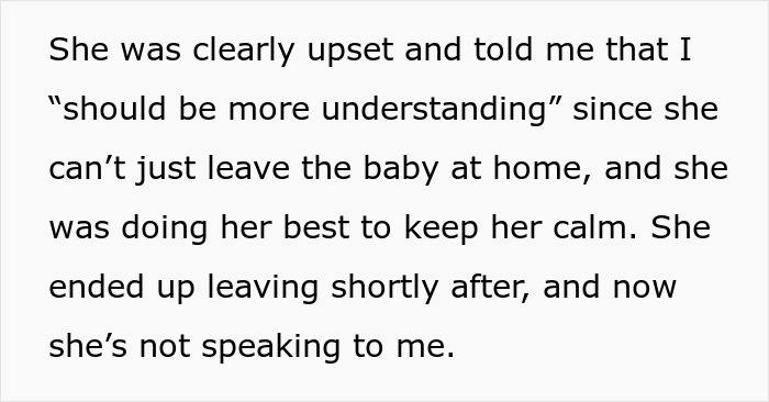 Text image discussing leaving a friend's birthday due to a crying baby. Text image discussing leaving a friend's birthday due to a crying baby.
