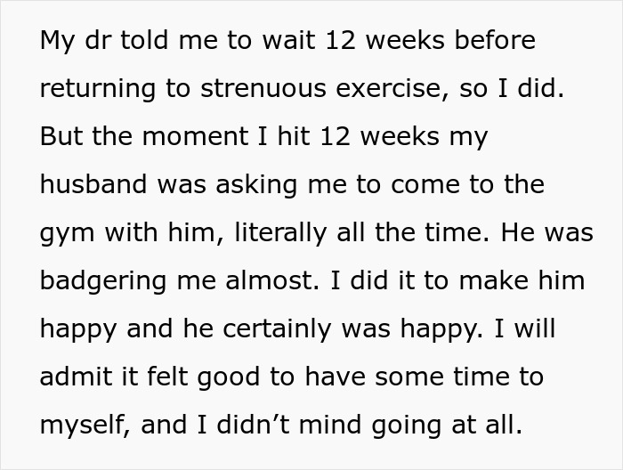 Text recounting husband's request for wife to return to gym 12 weeks postpartum, encouraging her to "tighten my tummy again. Text recounting husband's request for wife to return to gym 12 weeks postpartum, encouraging her to "tighten my tummy again.