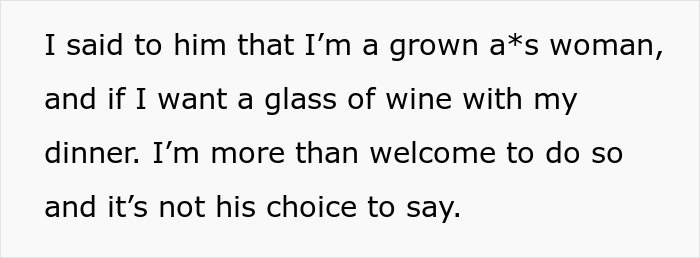 Text about a woman asserting her choice to drink wine, addressing concerns about family alcoholism genes. Text about a woman asserting her choice to drink wine, addressing concerns about family alcoholism genes.