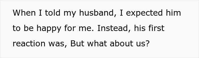 Text image discussing promotion and husband's unexpected reaction. Text image discussing promotion and husband's unexpected reaction.