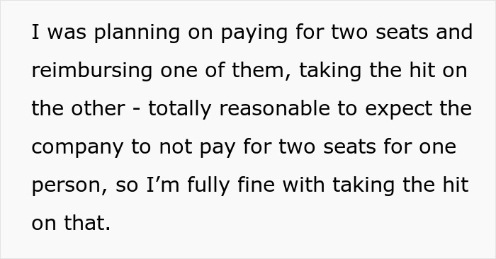 Text image discussing a new hire’s plan to pay for an extra flight seat themselves for comfort and accommodation. Text image discussing a new hire’s plan to pay for an extra flight seat themselves for comfort and accommodation.