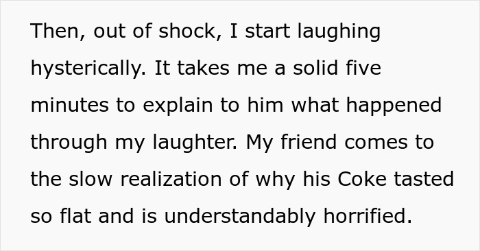 Text recounting a man laughing about a flat Coke that was a tribute to a friend's late mom. Text recounting a man laughing about a flat Coke that was a tribute to a friend's late mom.