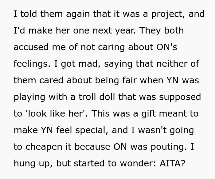Text in a post discussing fairness in doll gifts for children, highlighting customized doll issues. Text in a post discussing fairness in doll gifts for children, highlighting customized doll issues.
