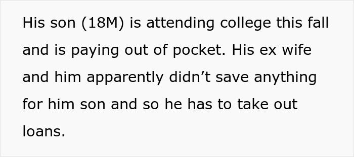 Text discussing son attending college and paying out of pocket due to lack of savings, highlighting family financial issues. Text discussing son attending college and paying out of pocket due to lack of savings, highlighting family financial issues.