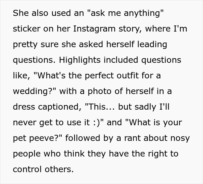 Text describing a woman using an Instagram "ask me anything" sticker, discussing wedding outfits and pet peeves. Text describing a woman using an Instagram "ask me anything" sticker, discussing wedding outfits and pet peeves.