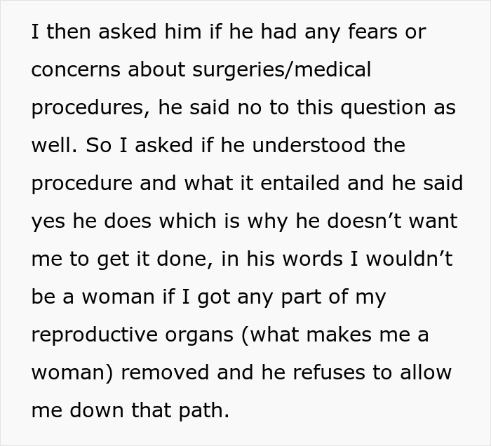 Text discussing sterilization decision against partner's wishes and concerns about surgeries. Text discussing sterilization decision against partner's wishes and concerns about surgeries.
