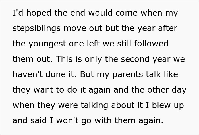 Text about stepsiblings moving out, parents' plans, and expressing refusal to join them again. Text about stepsiblings moving out, parents' plans, and expressing refusal to join them again.