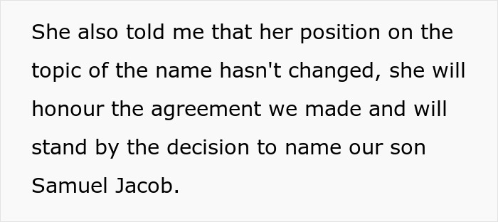 Text conversation about naming a baby, focusing on maintaining an agreement to name the child Samuel Jacob. Text conversation about naming a baby, focusing on maintaining an agreement to name the child Samuel Jacob.