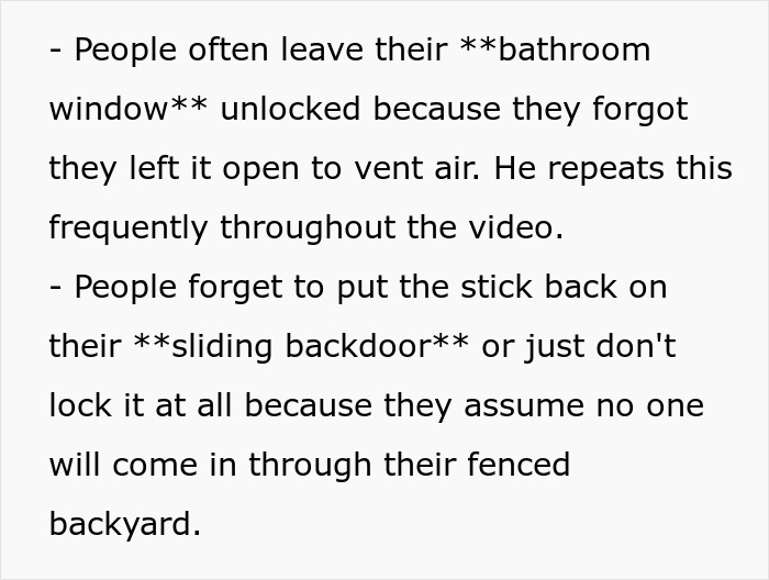 Text highlights burglars' tips on securing bathroom windows and sliding backdoors to protect your home. Text highlights burglars' tips on securing bathroom windows and sliding backdoors to protect your home.