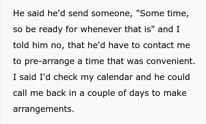 Text exchange about pre-arranging a convenient time for a meeting and checking calendar after being fired. Text exchange about pre-arranging a convenient time for a meeting and checking calendar after being fired.