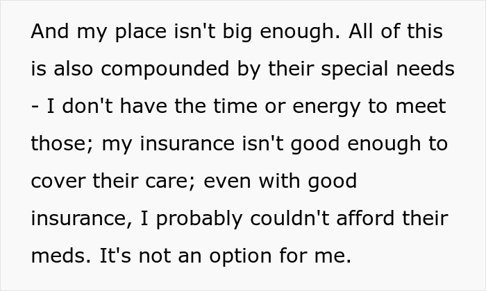 Text discussing woman's concerns about caring for stepsiblings due to space, time, and insurance limitations. Text discussing woman's concerns about caring for stepsiblings due to space, time, and insurance limitations.