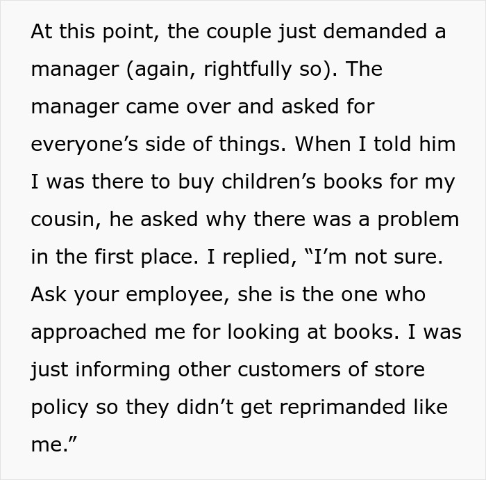 Text describing a confrontation at a bookstore over a young adult buying children’s books. Text describing a confrontation at a bookstore over a young adult buying children’s books.