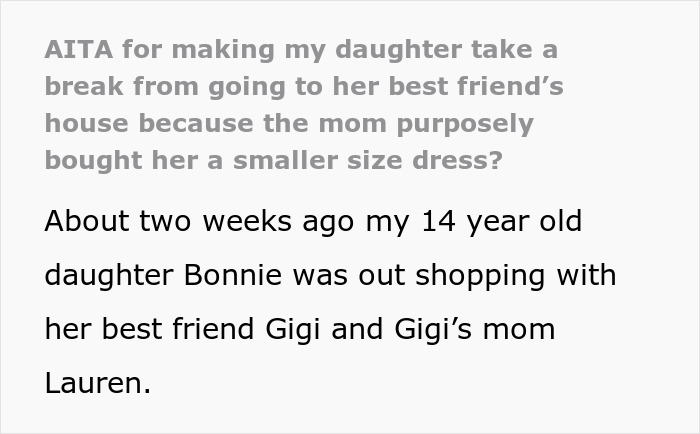 Text discussing body-shaming incident involving a friend's parent and a 14-year-old girl, focusing on dress size. Text discussing body-shaming incident involving a friend's parent and a 14-year-old girl, focusing on dress size.
