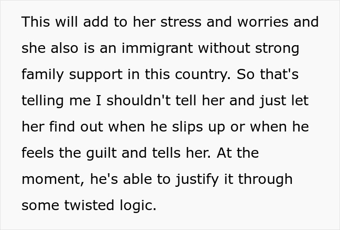 Text discussing the ethical dilemma of revealing a partner's affair, considering the impact on an immigrant. Text discussing the ethical dilemma of revealing a partner's affair, considering the impact on an immigrant.