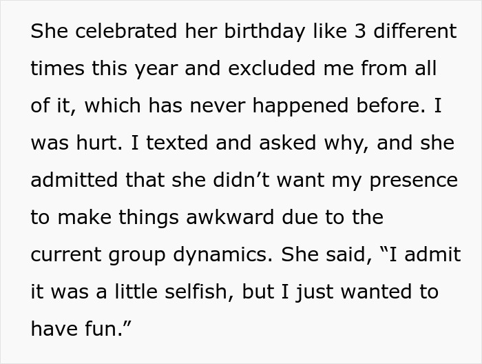 Text excerpt discussing exclusion from a birthday due to group dynamics. Text excerpt discussing exclusion from a birthday due to group dynamics.