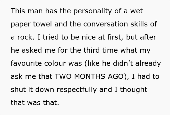 Text image describing a man's poor conversation skills, likened to a wet paper towel, highlighting a tiresome interaction. Text image describing a man's poor conversation skills, likened to a wet paper towel, highlighting a tiresome interaction.