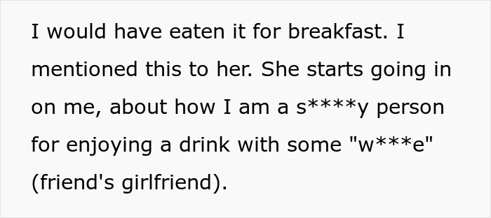 Text excerpt discussing conflict over breakfast choices and interpersonal judgment. Text excerpt discussing conflict over breakfast choices and interpersonal judgment.