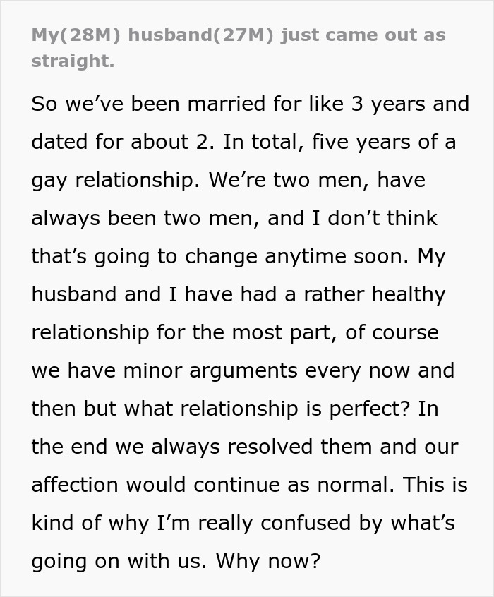 Text about a man's reflection on his gay marriage amid his husband's recent revelation. Text about a man's reflection on his gay marriage amid his husband's recent revelation.