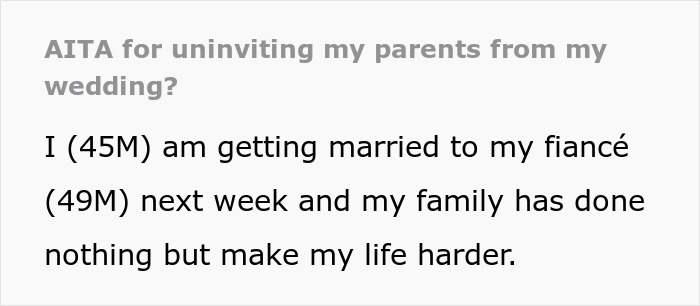 Text discussing groom disinviting parents over dispute about dry wedding preferences. Text discussing groom disinviting parents over dispute about dry wedding preferences.