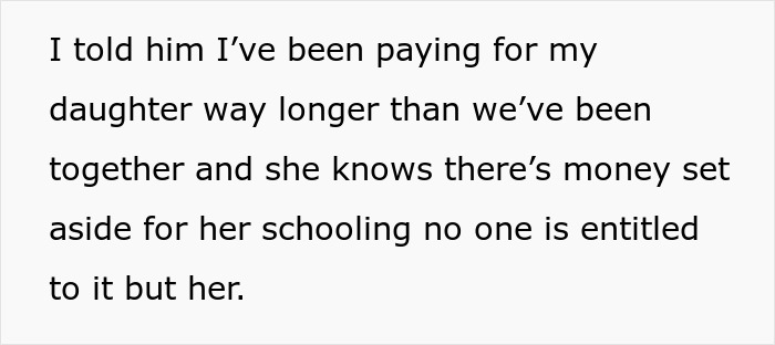 Text about a wife defending her daughter's college fund, emphasizing entitlements and financial priorities. Text about a wife defending her daughter's college fund, emphasizing entitlements and financial priorities.