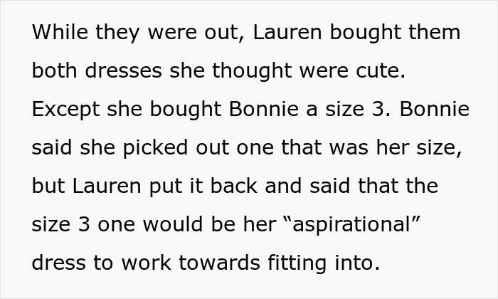 Text about a friend’s parent body-shaming, suggesting a 14-year-old should fit into a smaller dress size for male attention. Text about a friend’s parent body-shaming, suggesting a 14-year-old should fit into a smaller dress size for male attention.