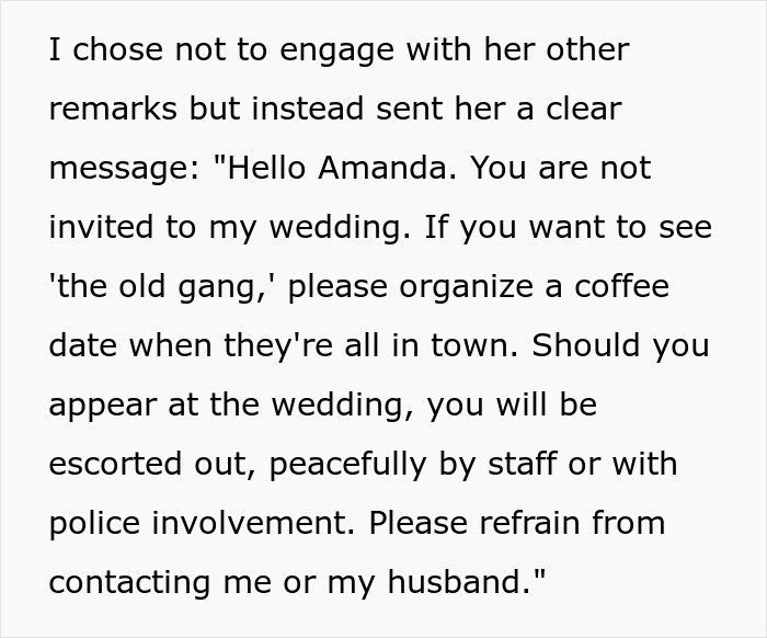 Text screenshot of a bride's message regarding wedding guest list decisions. Text screenshot of a bride's message regarding wedding guest list decisions.