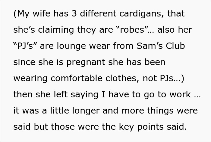 Text discussing comfortable clothing choices for a pregnant wife, highlighting lounge wear preferences. Text discussing comfortable clothing choices for a pregnant wife, highlighting lounge wear preferences.