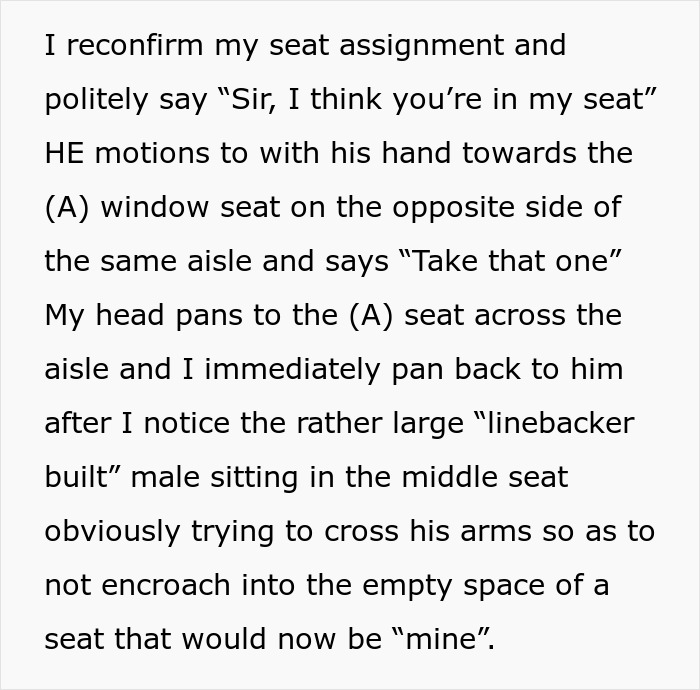 Text describing a man trying to guilt-trip a woman about changing seats on a plane. Text describing a man trying to guilt-trip a woman about changing seats on a plane.