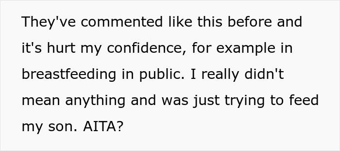 Text discussing confidence issues with breastfeeding around father-in-law, raises question "AITA. Text discussing confidence issues with breastfeeding around father-in-law, raises question "AITA.