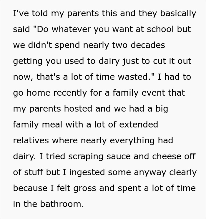 Text about feeling embarrassed due to a dairy allergy at a family event, with negative parental response. Text about feeling embarrassed due to a dairy allergy at a family event, with negative parental response.