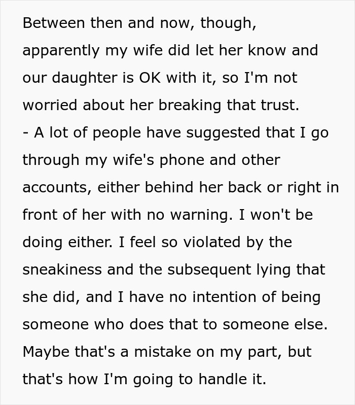 Man shares feelings on wife's phone monitoring and spending surveillance in a text post. Man shares feelings on wife's phone monitoring and spending surveillance in a text post.