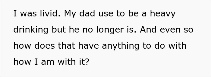 Text discussing alcohol genetics and family history, expressing frustration and confusion about assumptions. Text discussing alcohol genetics and family history, expressing frustration and confusion about assumptions.