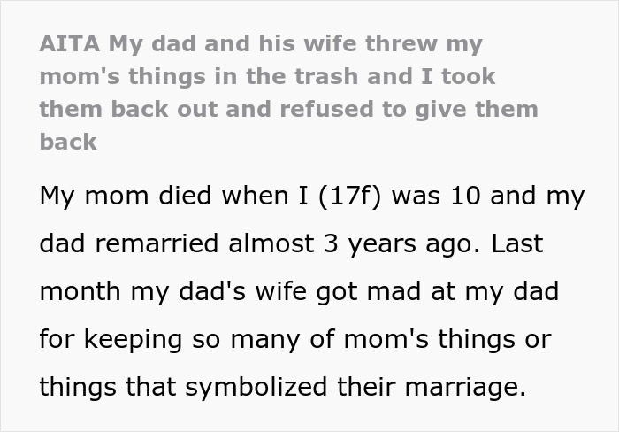 Text describing family conflict over late mom's belongings, involving trash disposal and retrieval. Drama unfolds. Text describing family conflict over late mom's belongings, involving trash disposal and retrieval. Drama unfolds.