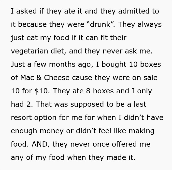 Text about roommates eating food, highlighting issues with vegetarian options not being respected. Text about roommates eating food, highlighting issues with vegetarian options not being respected.