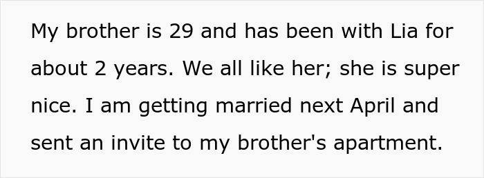 Text about a bride surprised her brother brings his female BFF as his plus one instead of his long-term girlfriend. Text about a bride surprised her brother brings his female BFF as his plus one instead of his long-term girlfriend.