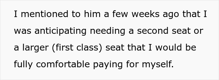 Text image about anticipating the need for a larger or extra seat on a flight. Text image about anticipating the need for a larger or extra seat on a flight.