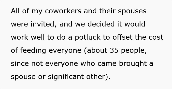 Text describing a work party potluck for coworkers and their spouses, involving about 35 attendees. Text describing a work party potluck for coworkers and their spouses, involving about 35 attendees.